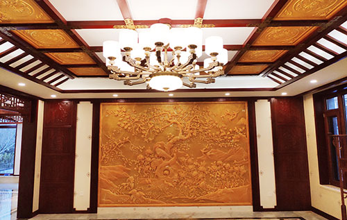潍坊中式别墅客厅中式木作横梁吊顶装饰展示
