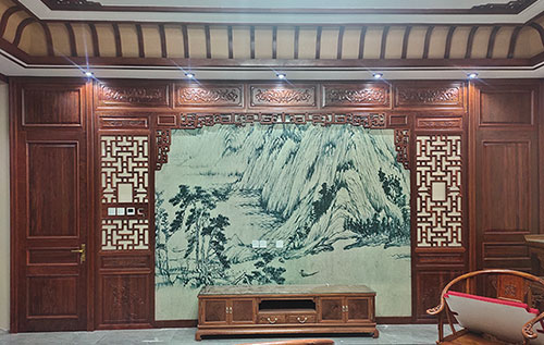 潍坊中式仿古别墅客厅背景墙花格木作装饰